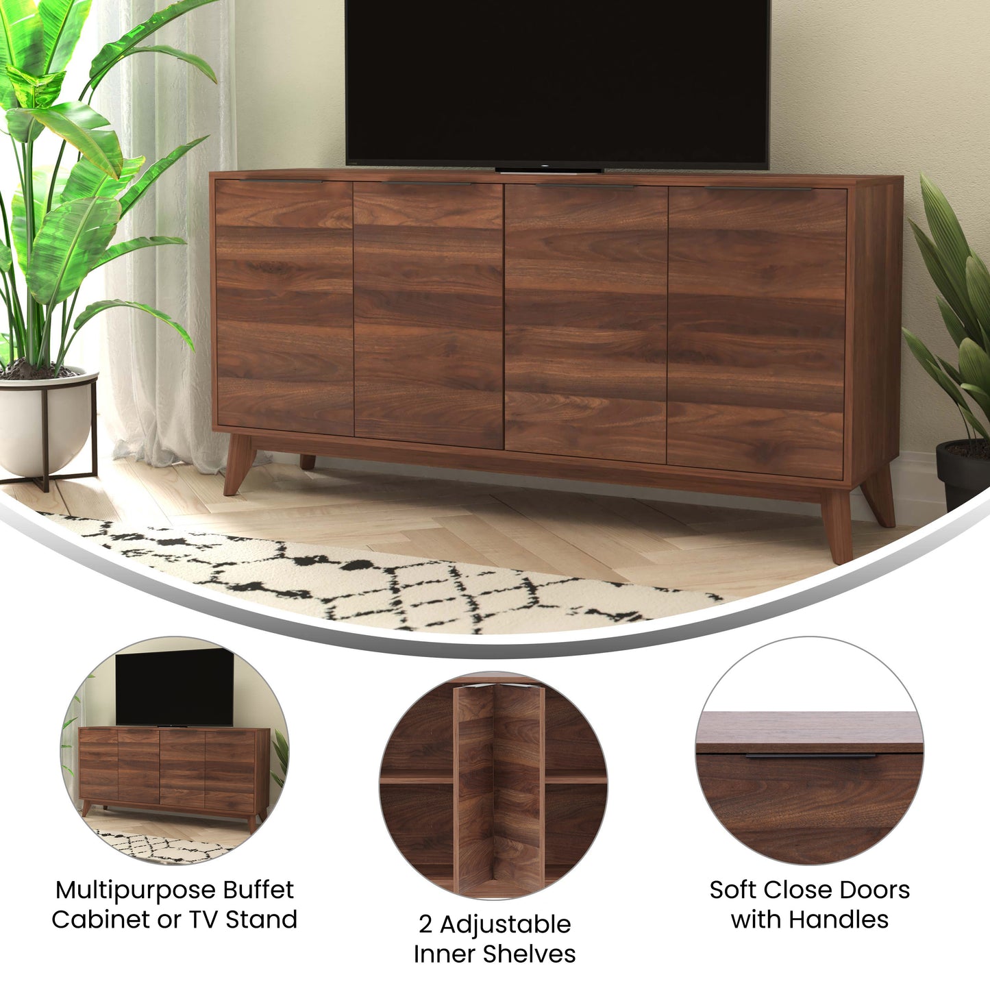 Hatfield Mid-Century Modern 60 Inch 4 Door Storage Buffet Sideboard, 4 Soft Close Doors, Adjustable Shelves, TV Stand for up to 64" TV's, Dark Walnut Dark Walnut