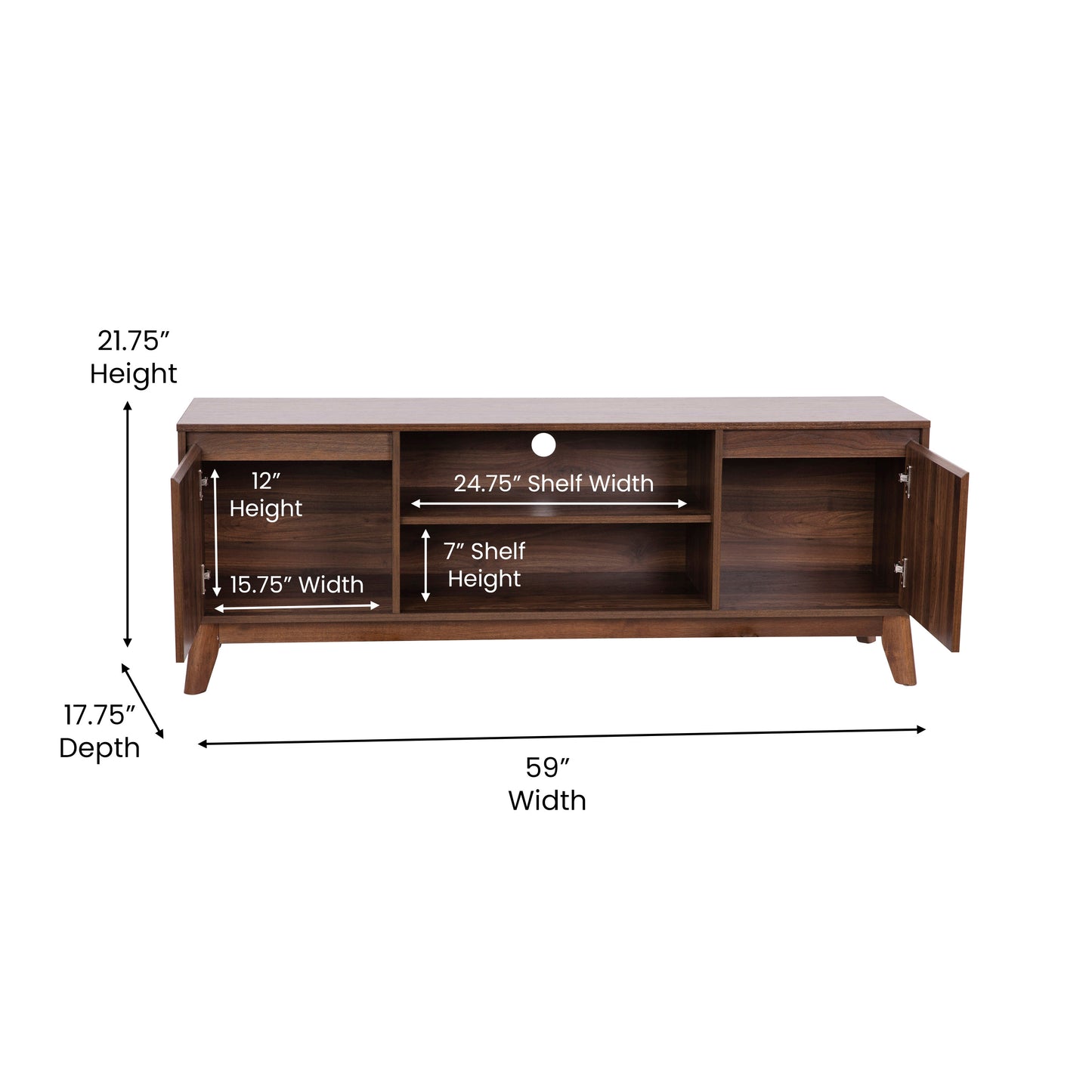 Hatfield Mid-Century Modern TV Stand in Walnut for up to 64 inch TV's - 60 Inch Media Center with Adjustable Center Shelf and Dual Soft Close Doors Dark Walnut