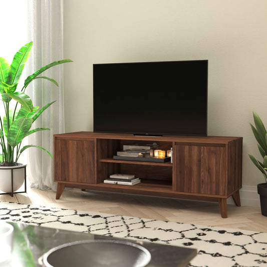Hatfield Mid-Century Modern TV Stand in Walnut for up to 64 inch TV's - 60 Inch Media Center with Adjustable Center Shelf and Dual Soft Close Doors Dark Walnut