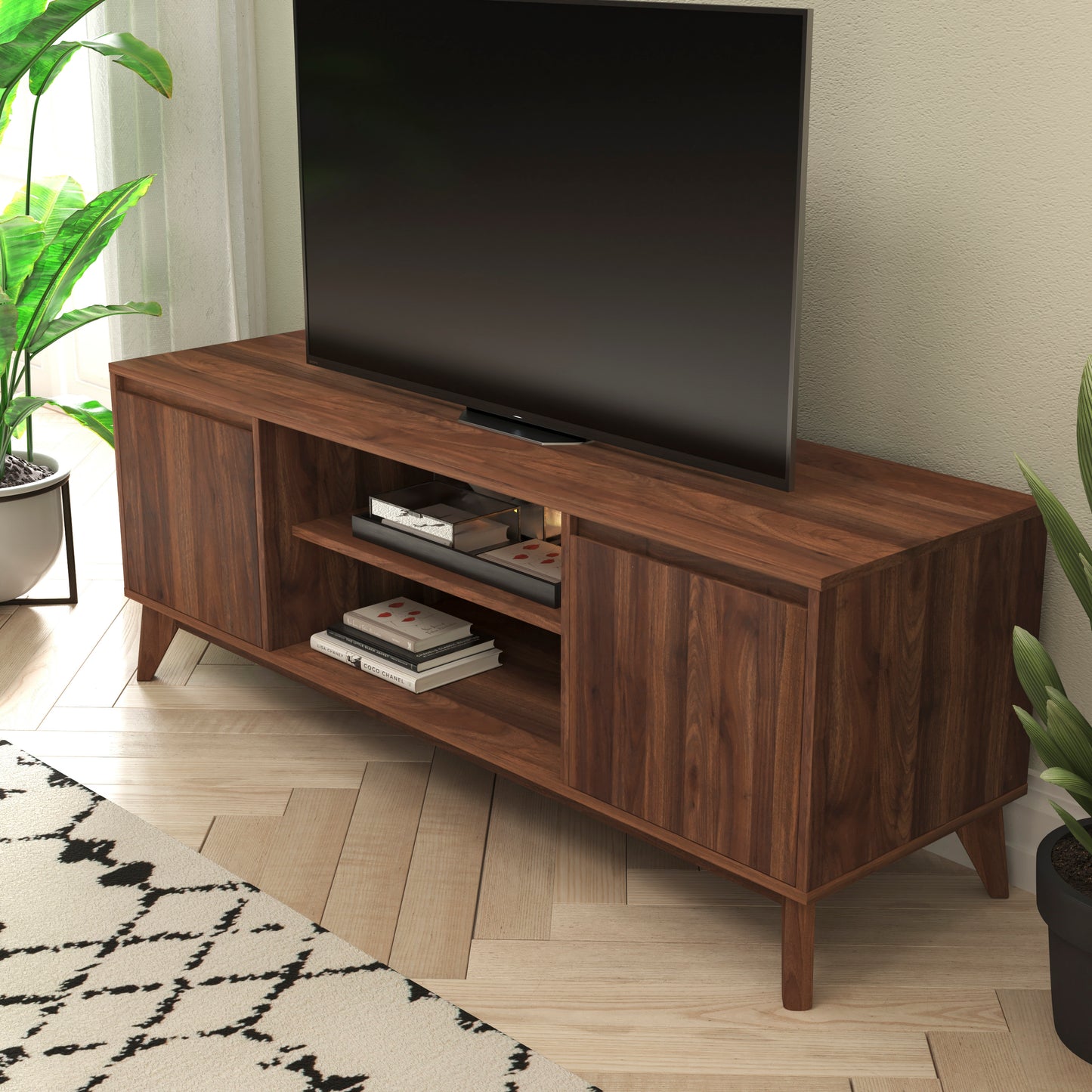 Hatfield Mid-Century Modern TV Stand in Walnut for up to 64 inch TV's - 60 Inch Media Center with Adjustable Center Shelf and Dual Soft Close Doors Dark Walnut