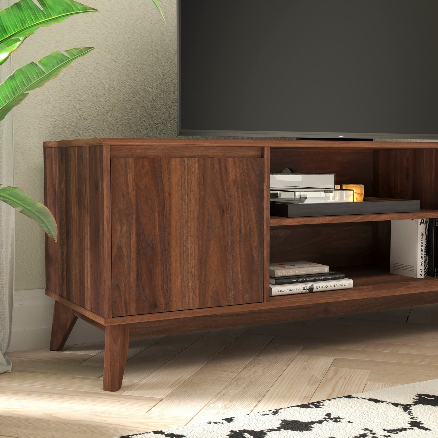 Hatfield Mid-Century Modern TV Stand in Walnut for up to 64 inch TV's - 60 Inch Media Center with Adjustable Center Shelf and Dual Soft Close Doors Dark Walnut