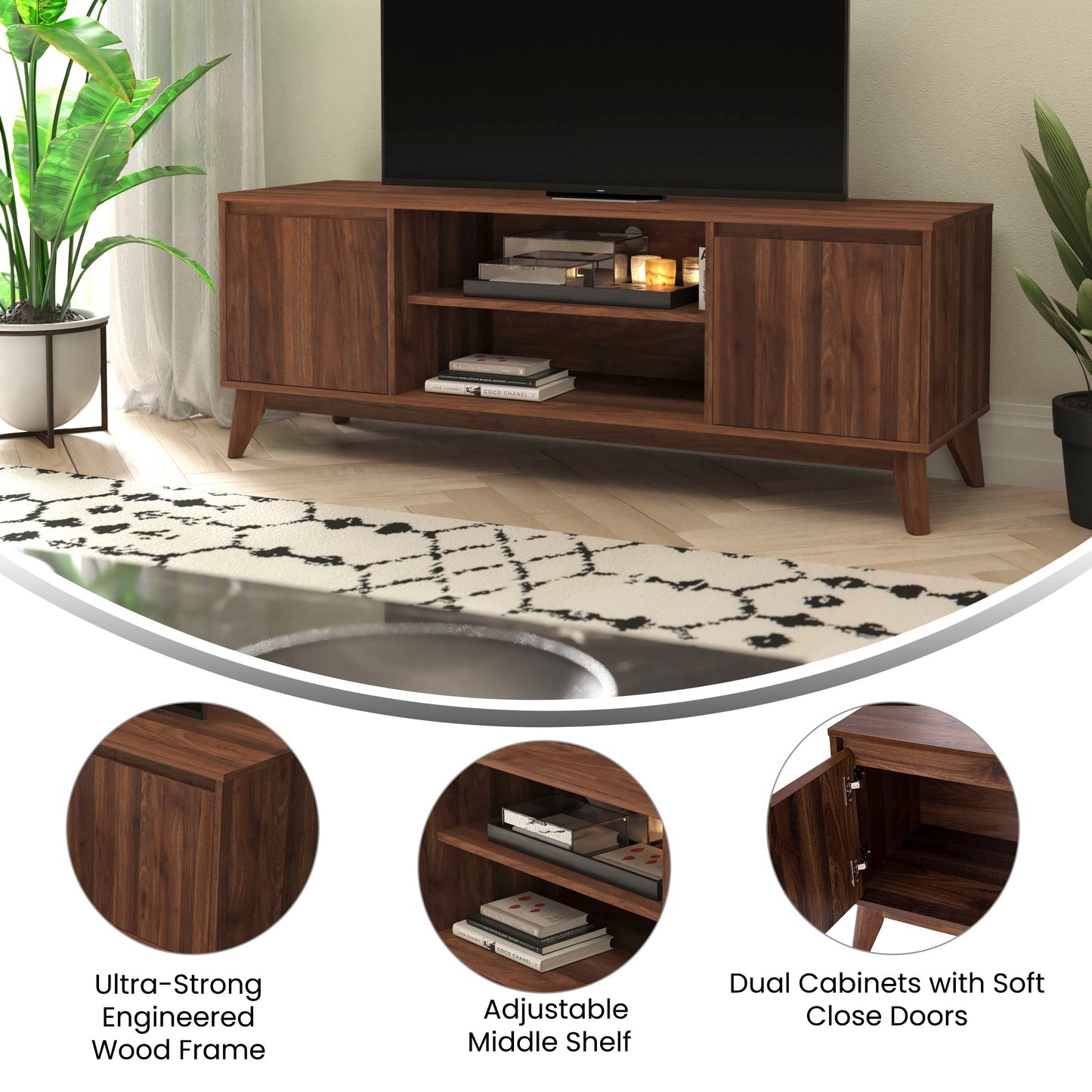 Hatfield Mid-Century Modern TV Stand in Walnut for up to 64 inch TV's - 60 Inch Media Center with Adjustable Center Shelf and Dual Soft Close Doors Dark Walnut