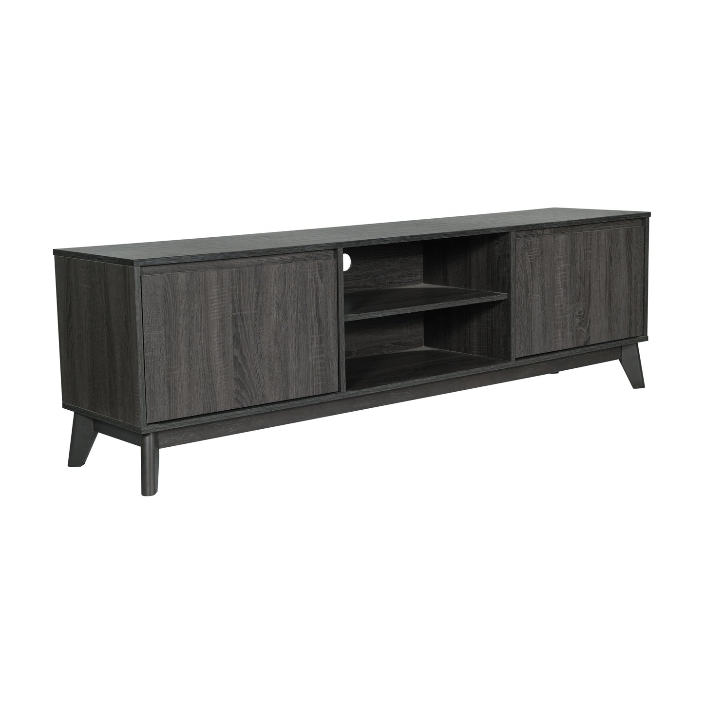 Hatfield Mid-Century Modern TV Stand in Black Wash for 65+ Inch TV's - 70 Inch Media Center with Adjustable Center Shelf and Dual Soft Close Doors Black Wash