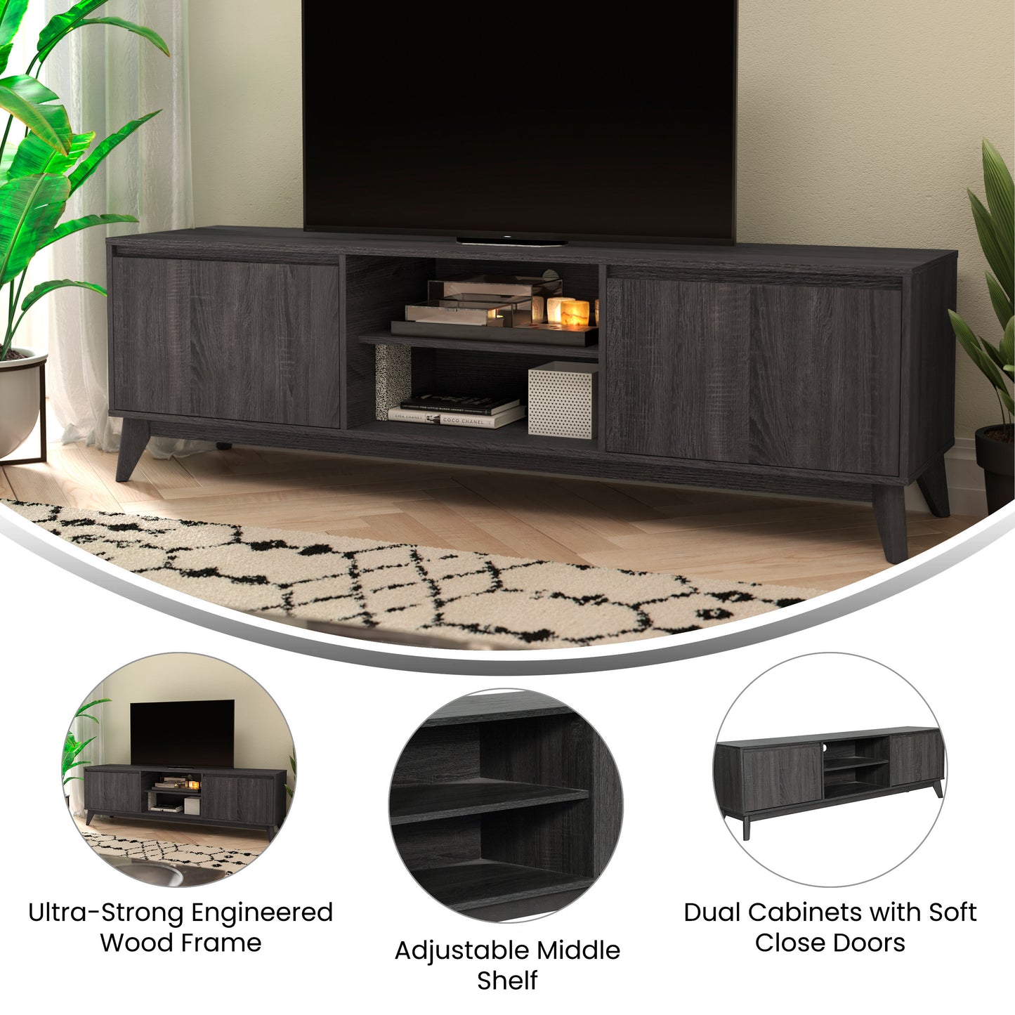 Hatfield Mid-Century Modern TV Stand in Black Wash for 65+ Inch TV's - 70 Inch Media Center with Adjustable Center Shelf and Dual Soft Close Doors Black Wash