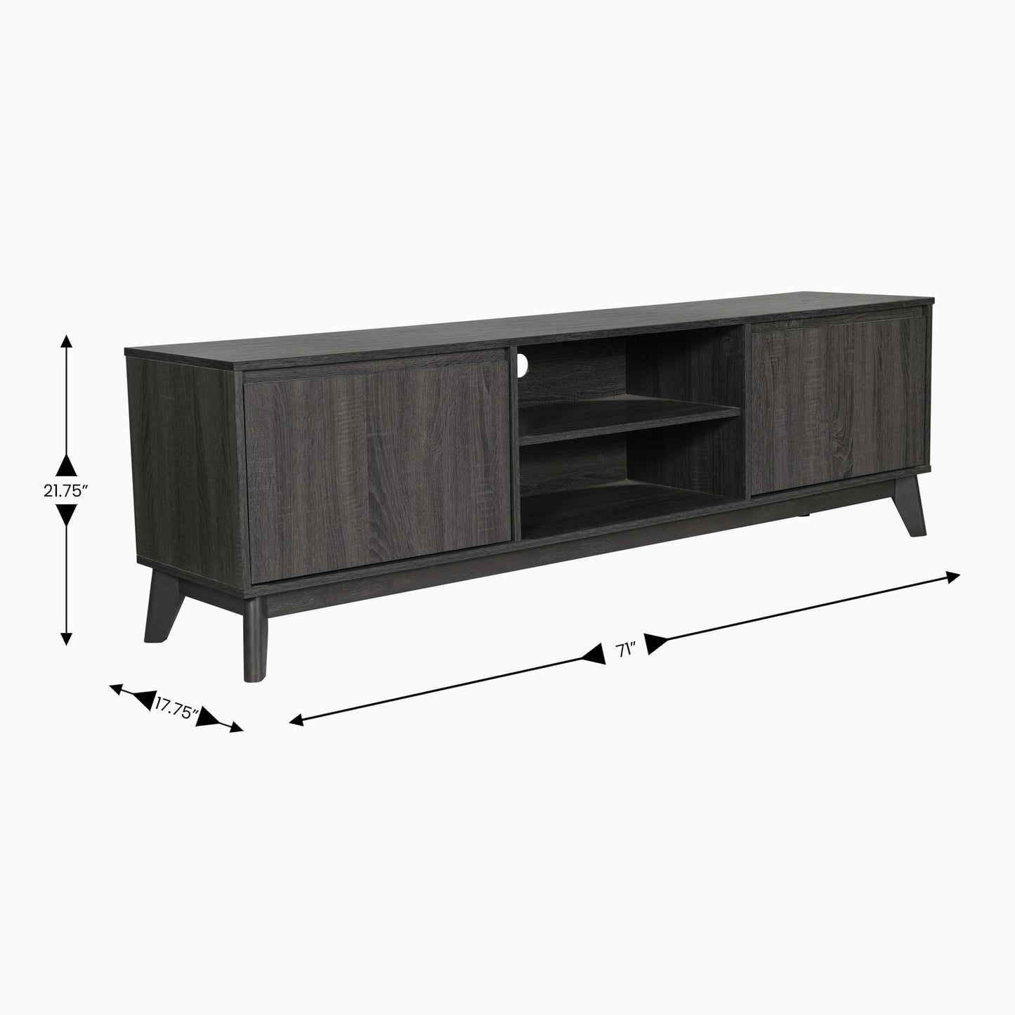 Hatfield Mid-Century Modern TV Stand in Black Wash for 65+ Inch TV's - 70 Inch Media Center with Adjustable Center Shelf and Dual Soft Close Doors Black Wash