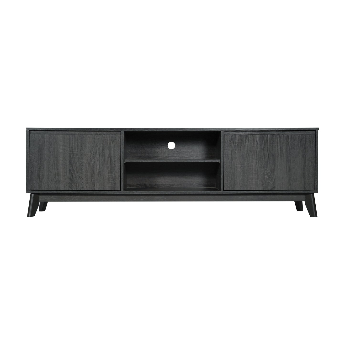 Hatfield Mid-Century Modern TV Stand in Black Wash for 65+ Inch TV's - 70 Inch Media Center with Adjustable Center Shelf and Dual Soft Close Doors Black Wash
