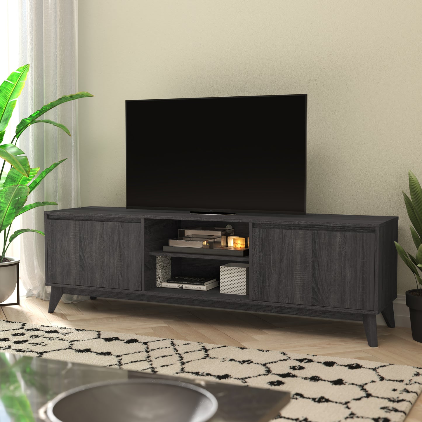Hatfield Mid-Century Modern TV Stand in Black Wash for 65+ Inch TV's - 70 Inch Media Center with Adjustable Center Shelf and Dual Soft Close Doors Black Wash
