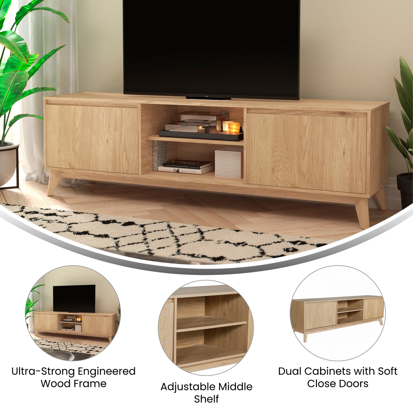 Hatfield Mid-Century Modern TV Stand in Light Natural for 65+ Inch TV's - 70 Inch Media Center with Adjustable Center Shelf and Dual Soft Close Doors Light Natural
