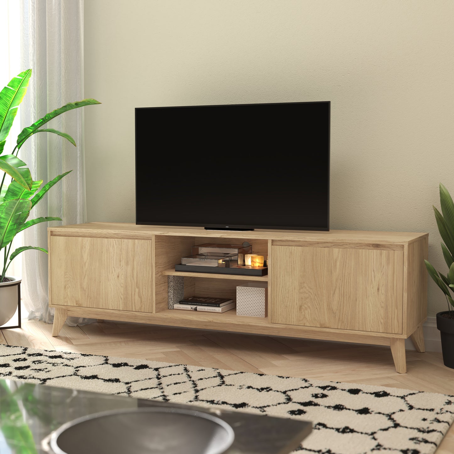 Hatfield Mid-Century Modern TV Stand in Light Natural for 65+ Inch TV's - 70 Inch Media Center with Adjustable Center Shelf and Dual Soft Close Doors Light Natural