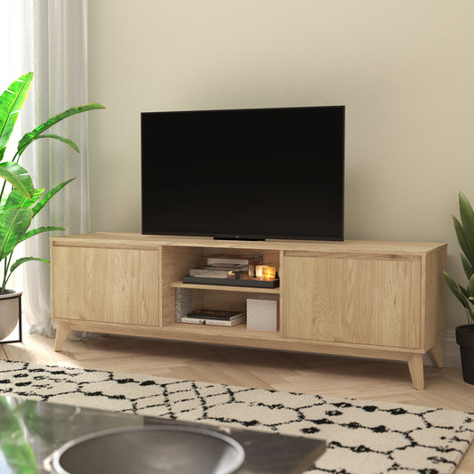 Hatfield Mid-Century Modern TV Stand in Light Natural for 65+ Inch TV's - 70 Inch Media Center with Adjustable Center Shelf and Dual Soft Close Doors Light Natural
