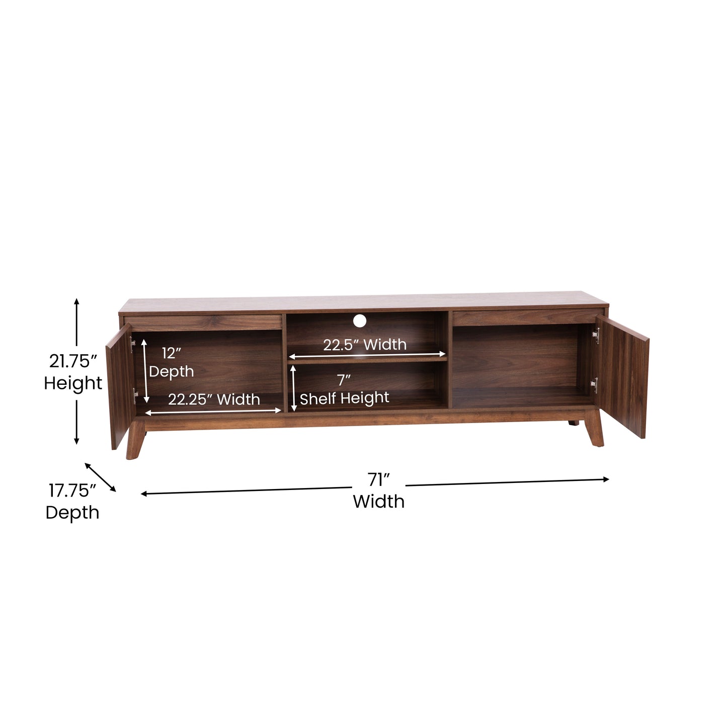 Hatfield Mid-Century Modern TV Stand in Walnut for 65+ Inch TV's - 70 Inch Media Center with Adjustable Center Shelf and Dual Soft Close Doors Dark Walnut