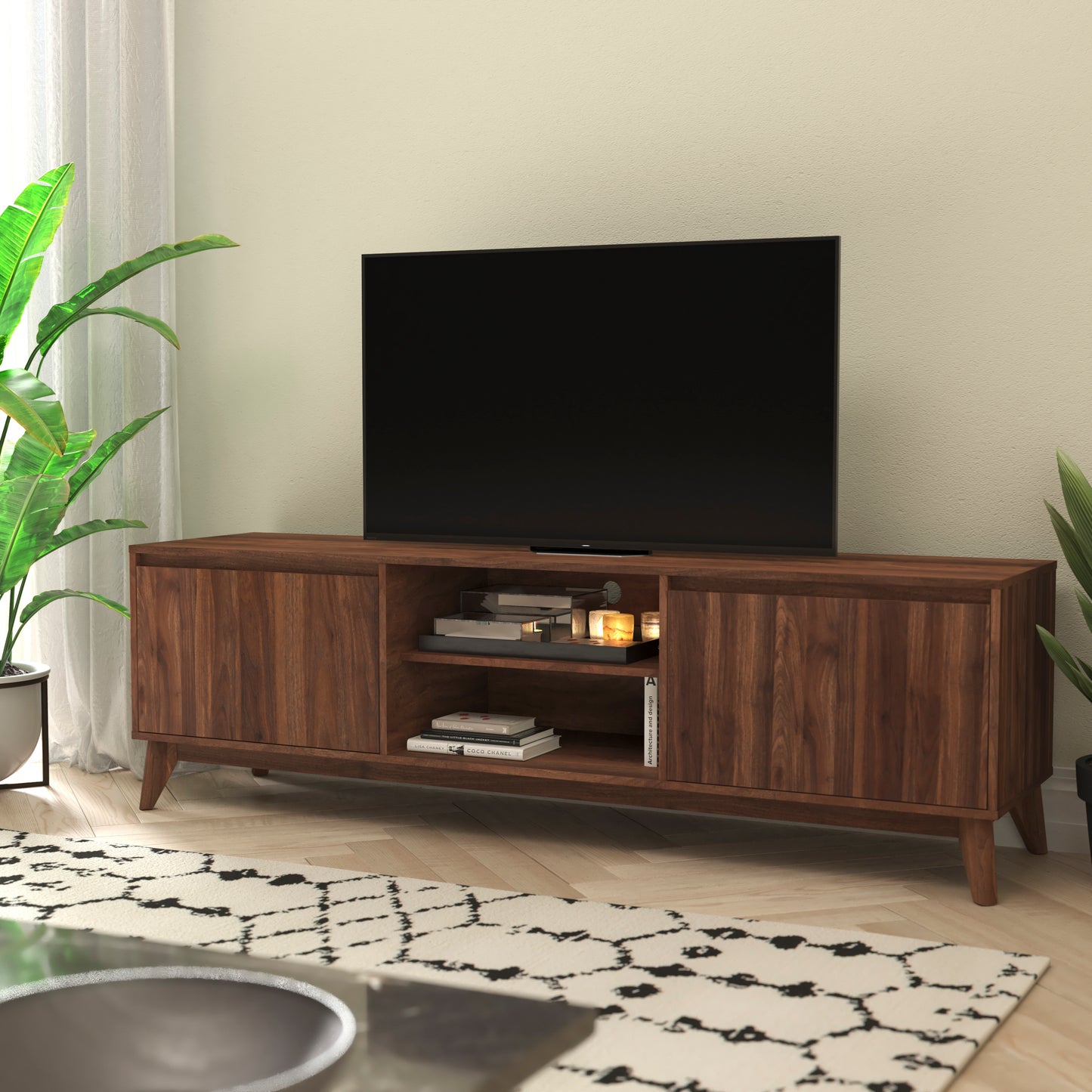 Hatfield Mid-Century Modern TV Stand in Walnut for 65+ Inch TV's - 70 Inch Media Center with Adjustable Center Shelf and Dual Soft Close Doors Dark Walnut