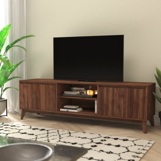 Hatfield Mid-Century Modern TV Stand in Walnut for 65+ Inch TV's - 70 Inch Media Center with Adjustable Center Shelf and Dual Soft Close Doors Dark Walnut