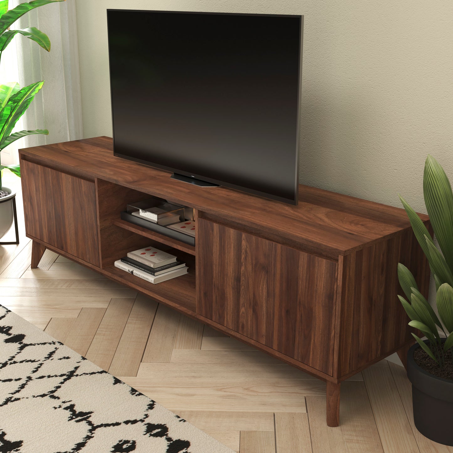 Hatfield Mid-Century Modern TV Stand in Walnut for 65+ Inch TV's - 70 Inch Media Center with Adjustable Center Shelf and Dual Soft Close Doors Dark Walnut