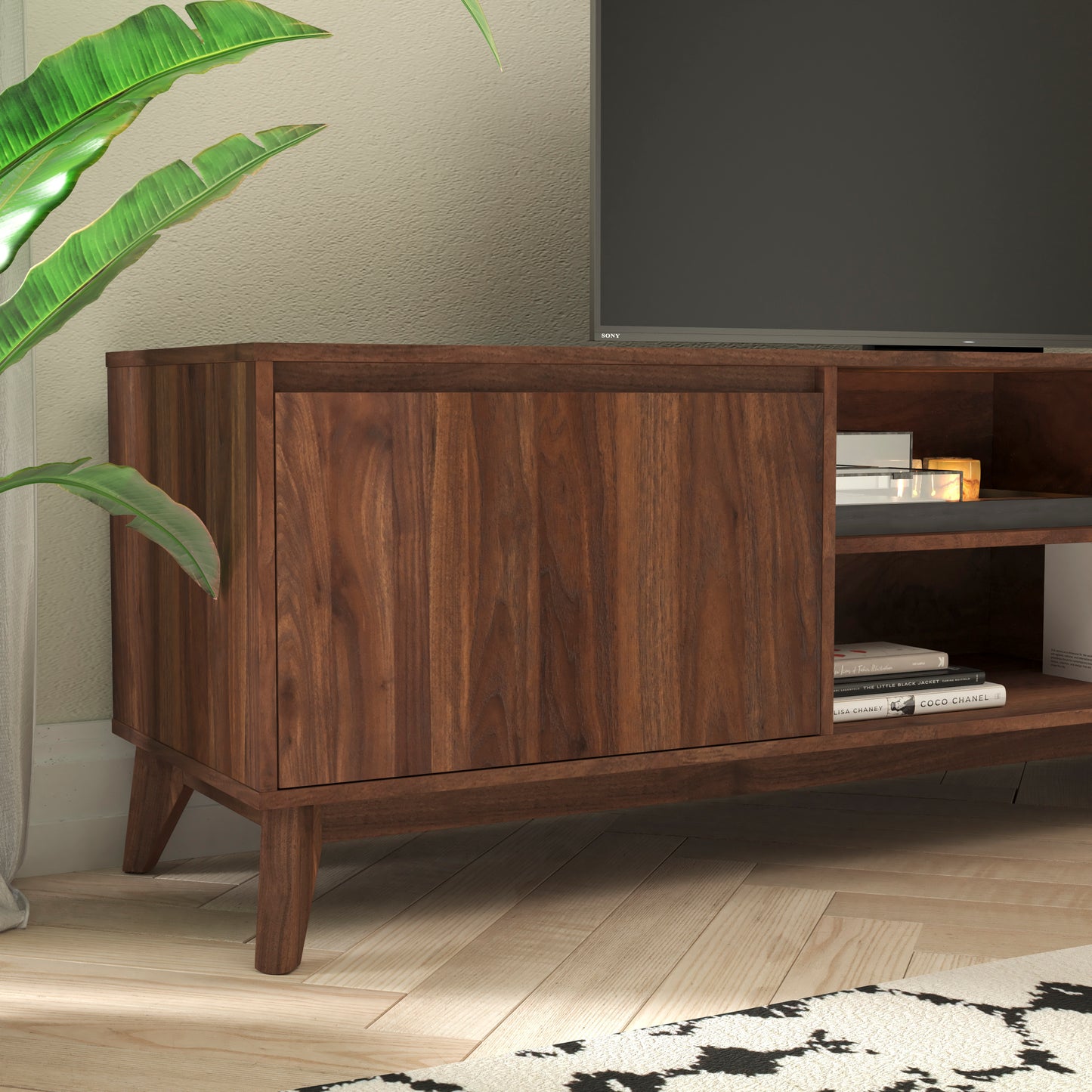 Hatfield Mid-Century Modern TV Stand in Walnut for 65+ Inch TV's - 70 Inch Media Center with Adjustable Center Shelf and Dual Soft Close Doors Dark Walnut