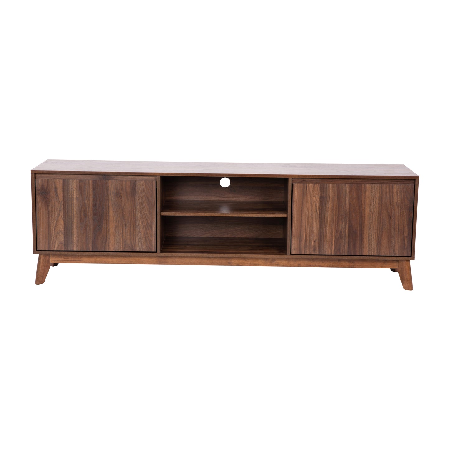 Hatfield Mid-Century Modern TV Stand in Walnut for 65+ Inch TV's - 70 Inch Media Center with Adjustable Center Shelf and Dual Soft Close Doors Dark Walnut