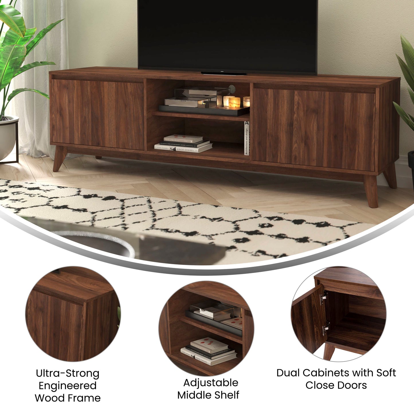 Hatfield Mid-Century Modern TV Stand in Walnut for 65+ Inch TV's - 70 Inch Media Center with Adjustable Center Shelf and Dual Soft Close Doors Dark Walnut