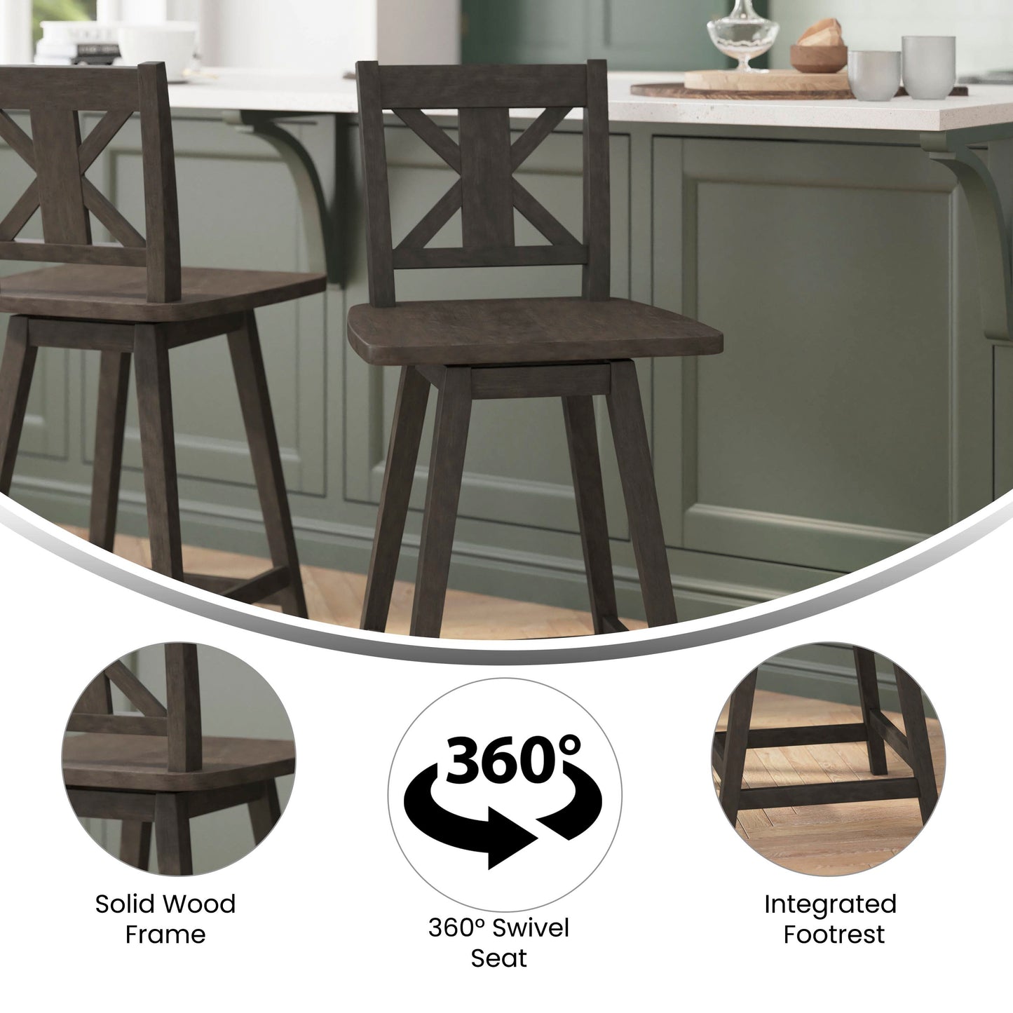 Gwendolyn Commercial Grade Solid Wood Modern Farmhouse Swivel Counter Height Barstool in Gray Wash Walnut Gray Wash Walnut ES-G1-24-GY-GG