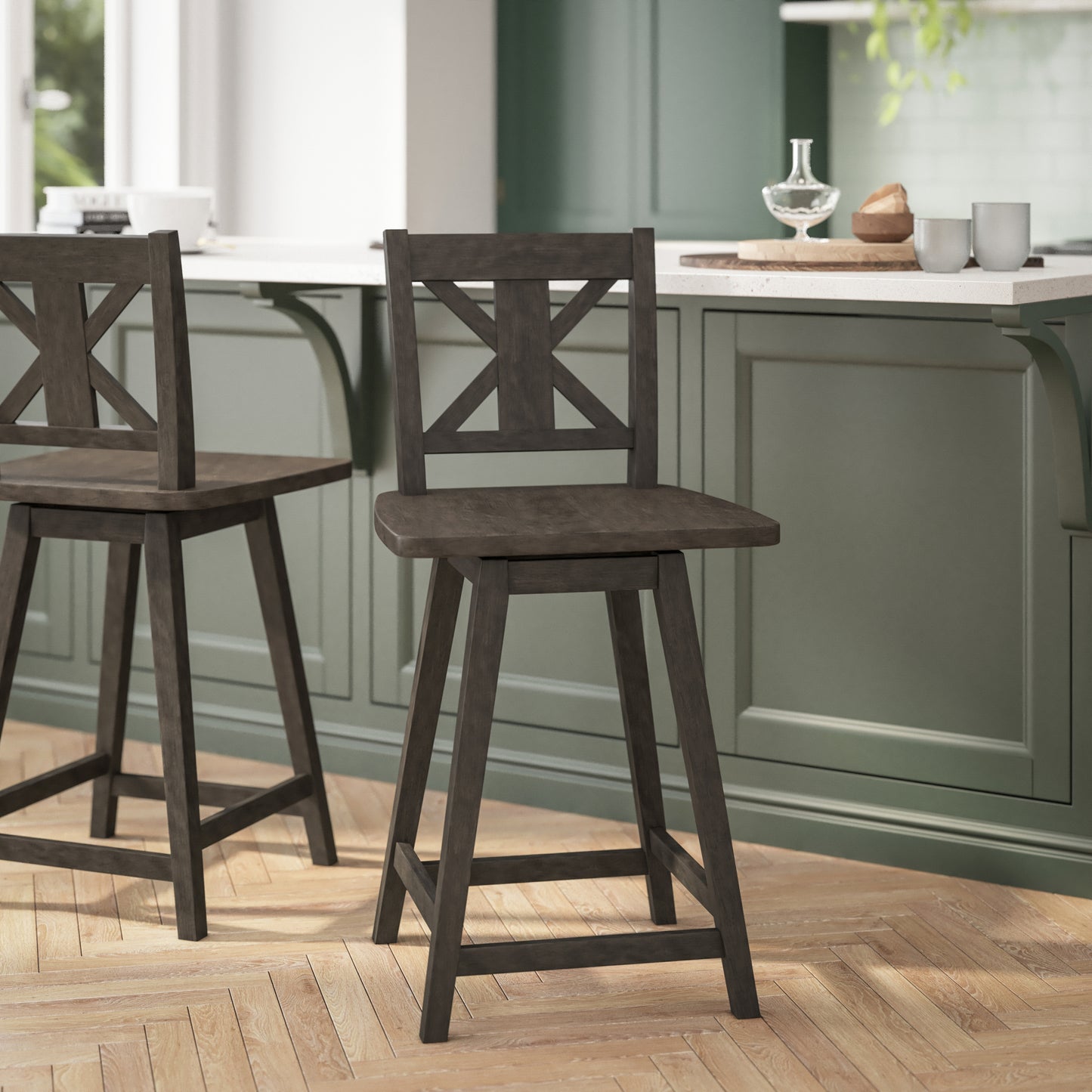Gwendolyn Commercial Grade Solid Wood Modern Farmhouse Swivel Counter Height Barstool in Gray Wash Walnut Gray Wash Walnut ES-G1-24-GY-GG
