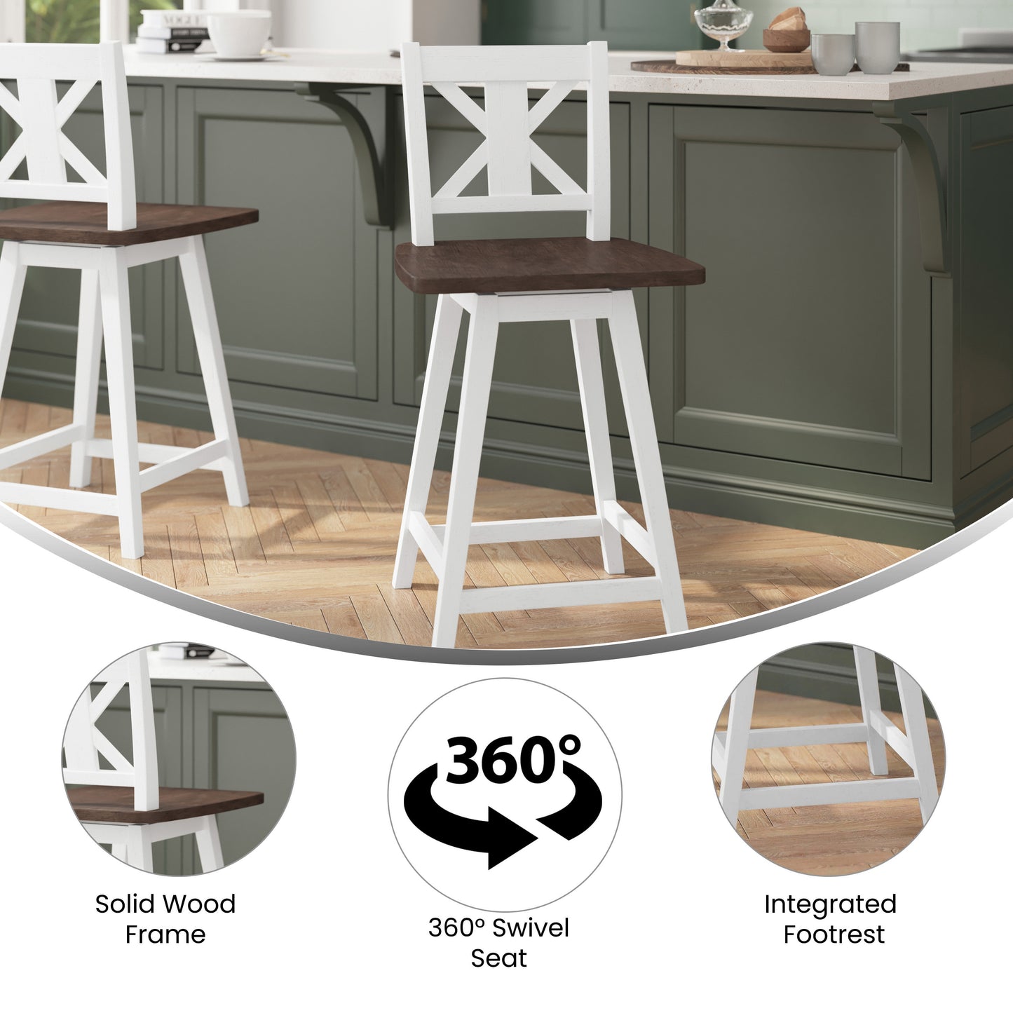 Gwendolyn Commercial Grade Solid Wood Modern Farmhouse Swivel Counter Height Barstool in Antique White Wash with Gray Wash Seat Antique White Wash Frame/Gray Wash Seat