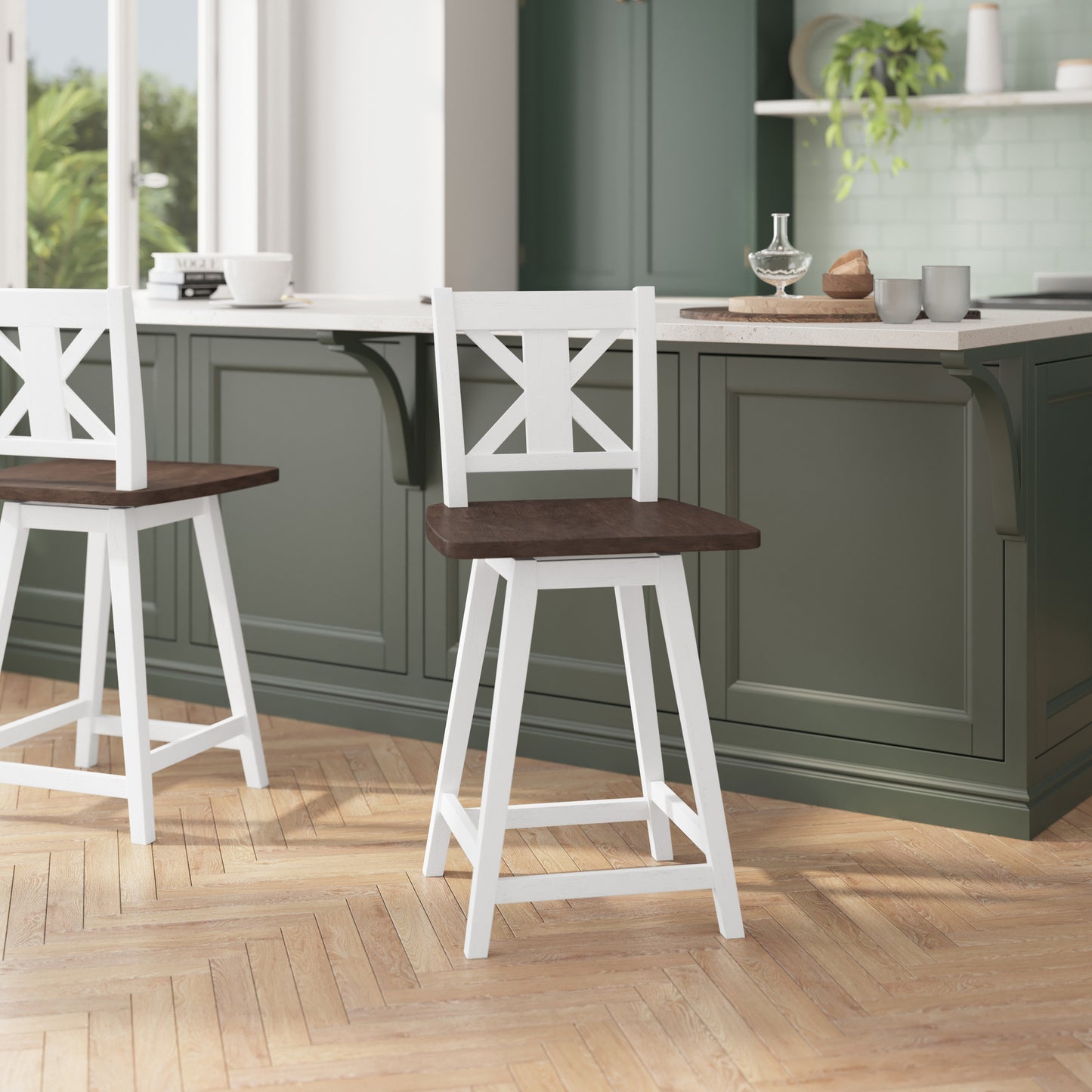 Gwendolyn Commercial Grade Solid Wood Modern Farmhouse Swivel Counter Height Barstool in Antique White Wash with Gray Wash Seat Antique White Wash Frame/Gray Wash Seat