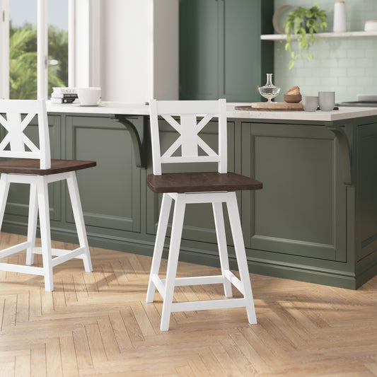 Gwendolyn Commercial Grade Solid Wood Modern Farmhouse Swivel Counter Height Barstool in Antique White Wash with Gray Wash Seat Antique White Wash Frame/Gray Wash Seat