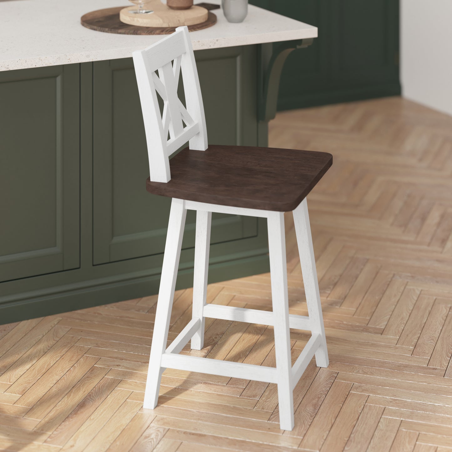 Gwendolyn Commercial Grade Solid Wood Modern Farmhouse Swivel Counter Height Barstool in Antique White Wash with Gray Wash Seat Antique White Wash Frame/Gray Wash Seat