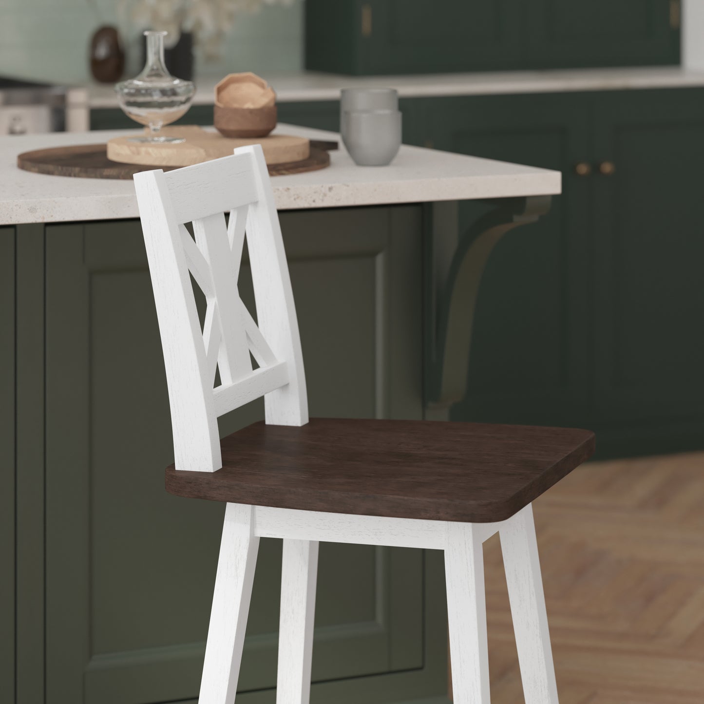 Gwendolyn Commercial Grade Solid Wood Modern Farmhouse Swivel Counter Height Barstool in Antique White Wash with Gray Wash Seat Antique White Wash Frame/Gray Wash Seat