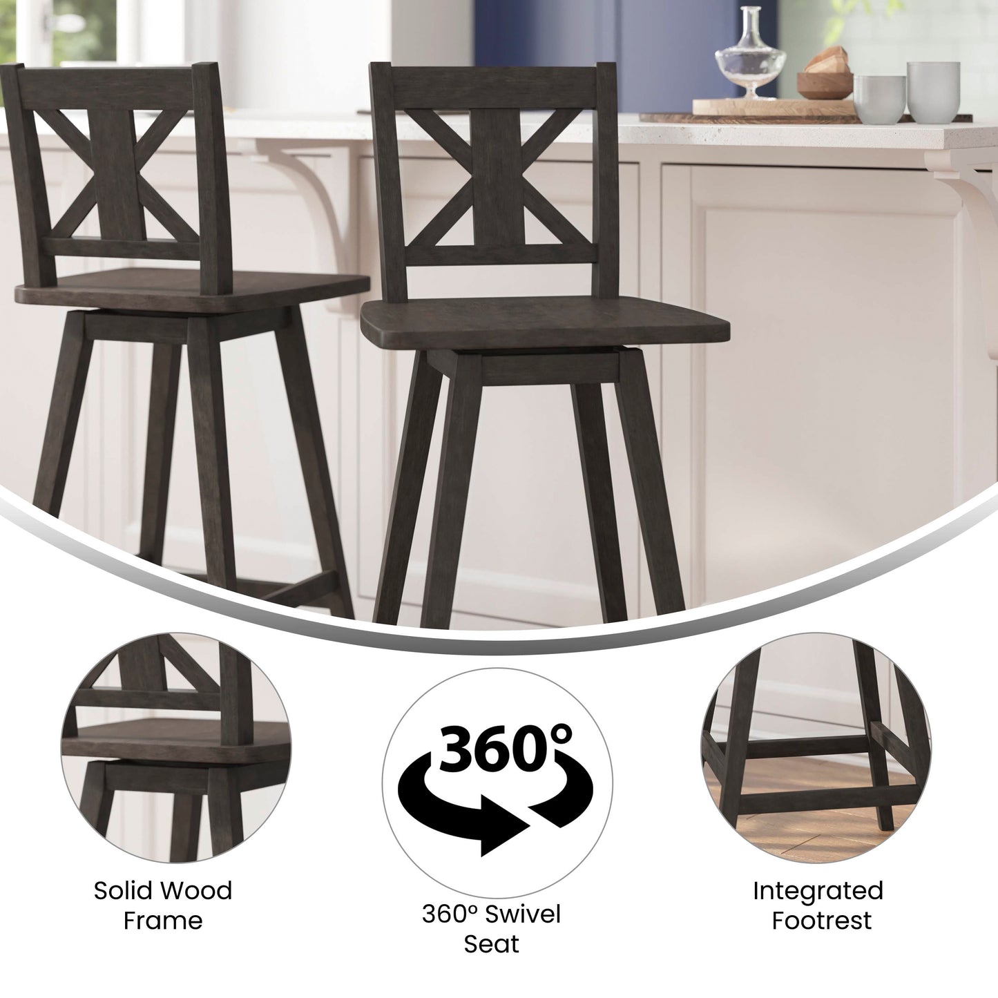 Gwendolyn Commercial Grade Solid Wood Modern Farmhouse Swivel Bar Height Barstool in Gray Wash Walnut Gray Wash Walnut