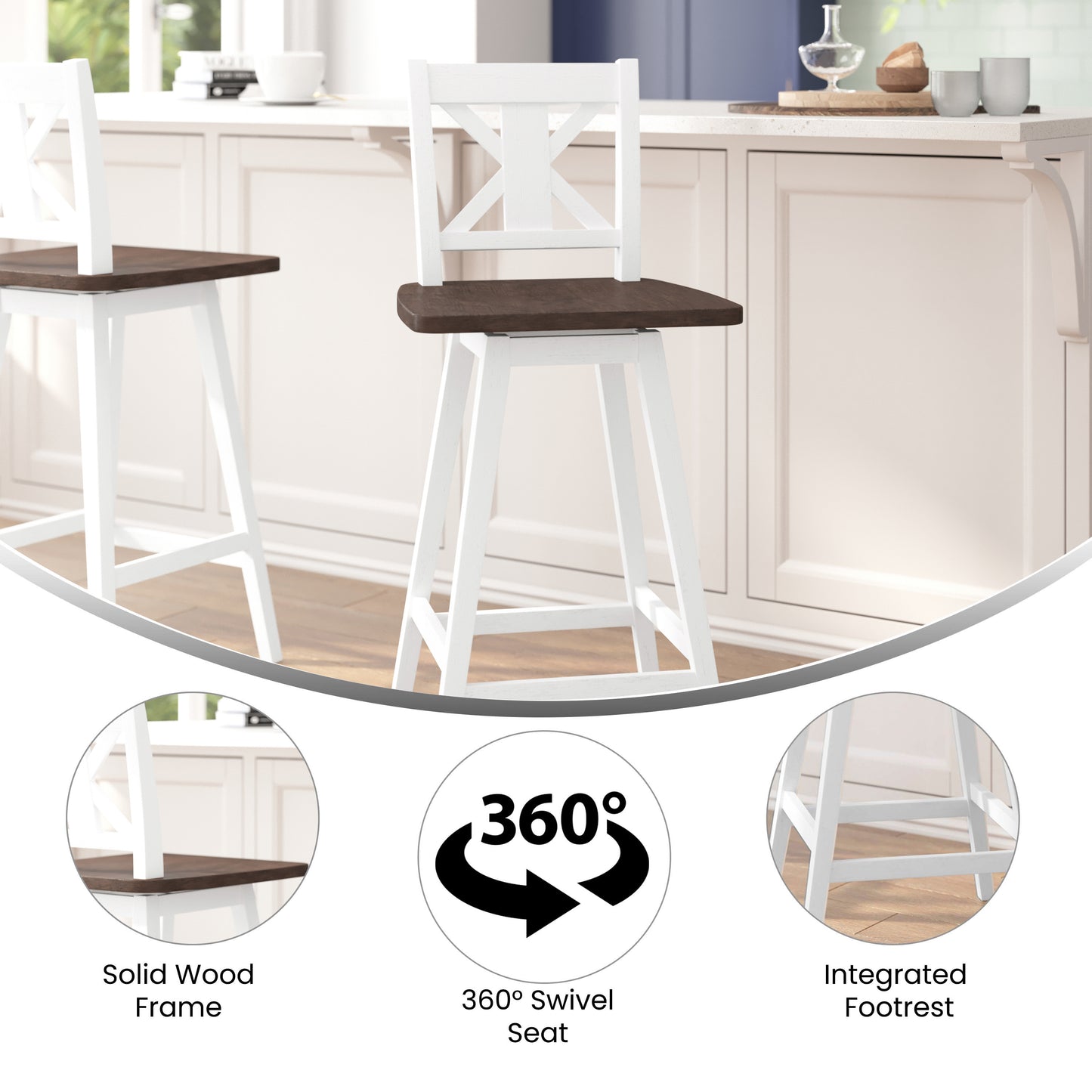 Gwendolyn Commercial Grade Solid Wood Modern Farmhouse Swivel Bar Height Barstool in Antique White Wash with Gray Wash Seat Antique White Wash Frame/Gray Wash Seat
