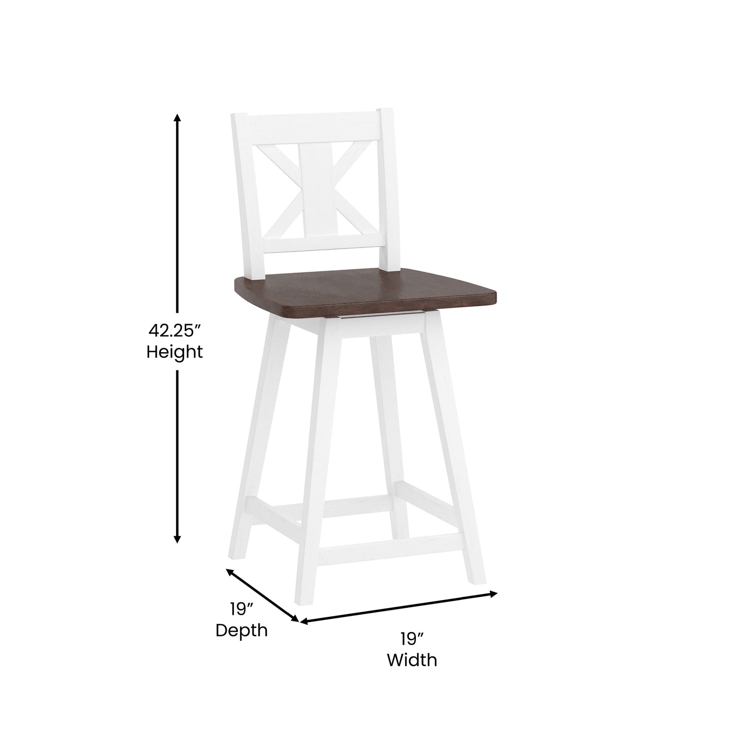 Gwendolyn Commercial Grade Solid Wood Modern Farmhouse Swivel Bar Height Barstool in Antique White Wash with Gray Wash Seat Antique White Wash Frame/Gray Wash Seat