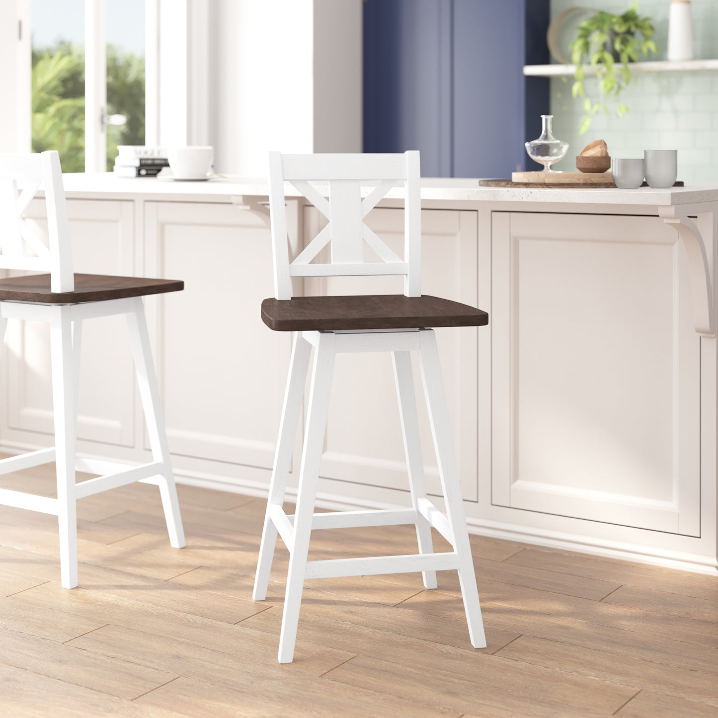 Gwendolyn Commercial Grade Solid Wood Modern Farmhouse Swivel Bar Height Barstool in Antique White Wash with Gray Wash Seat Antique White Wash Frame/Gray Wash Seat
