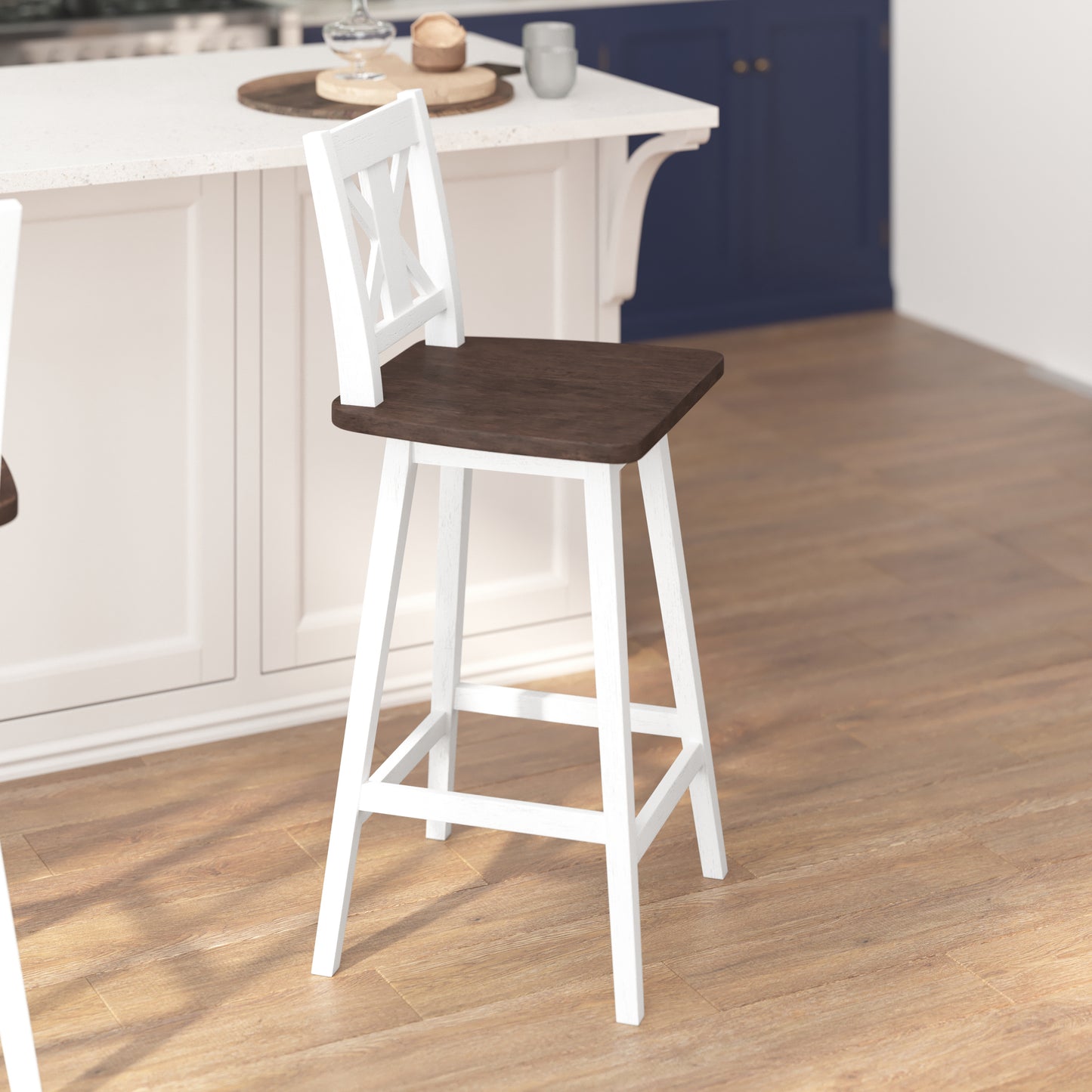 Gwendolyn Commercial Grade Solid Wood Modern Farmhouse Swivel Bar Height Barstool in Antique White Wash with Gray Wash Seat Antique White Wash Frame/Gray Wash Seat