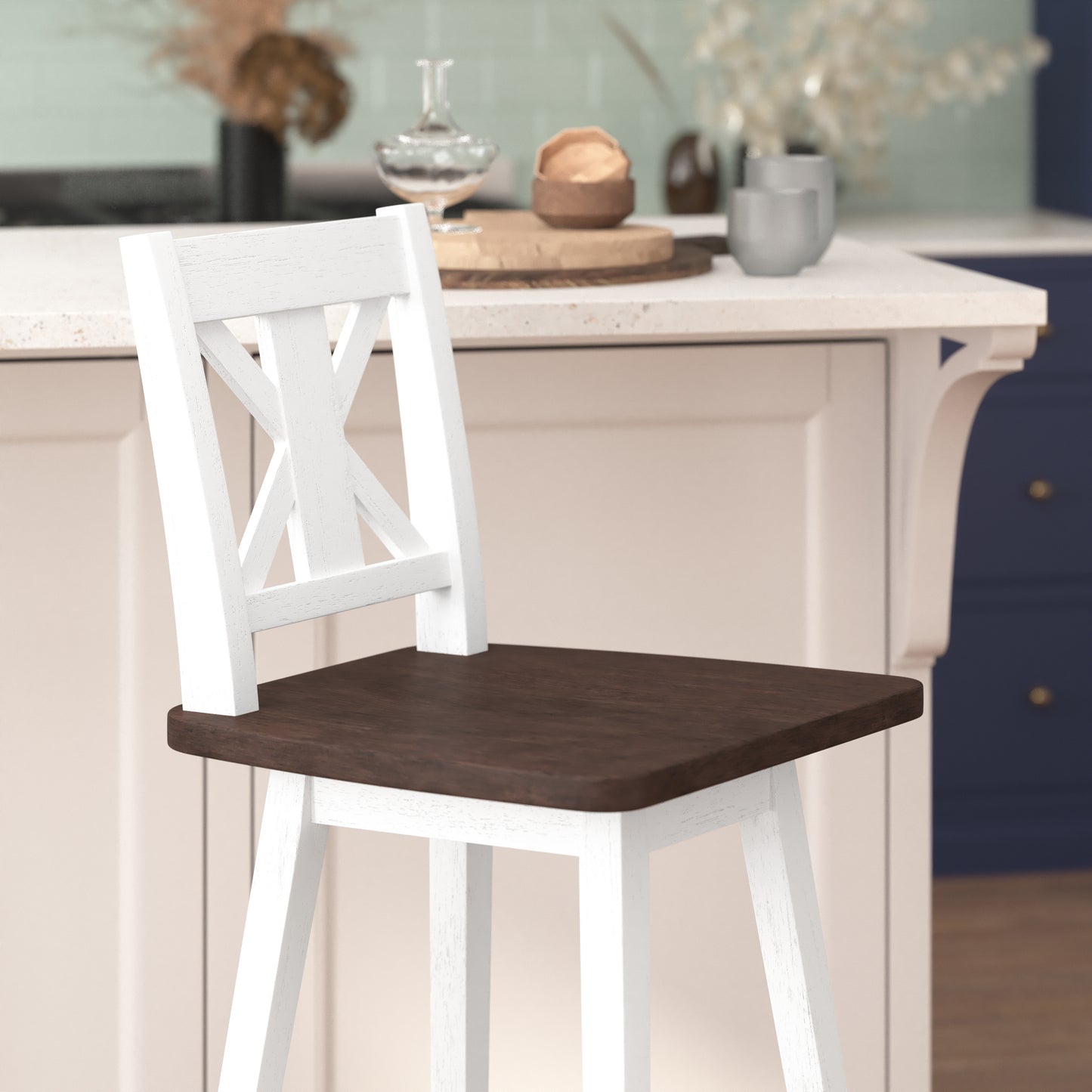 Gwendolyn Commercial Grade Solid Wood Modern Farmhouse Swivel Bar Height Barstool in Antique White Wash with Gray Wash Seat Antique White Wash Frame/Gray Wash Seat