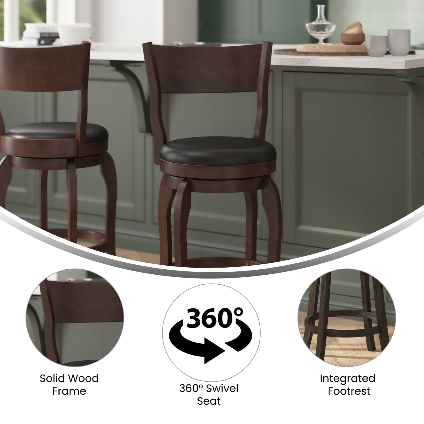 Nichola Commercial Grade Classic Open Back Swivel Counter Height Pub Barstool with Bowed Wooden Frame and Padded LeatherSoft Seat, Espresso/Black Black Vinyl/Espresso Frame ES-NT2-24-ESP-GG