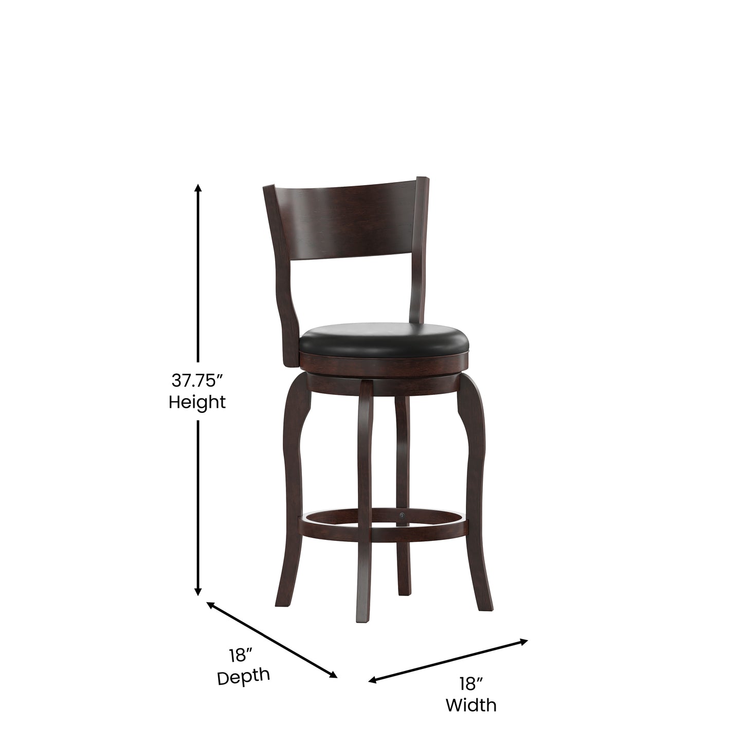 Nichola Commercial Grade Classic Open Back Swivel Counter Height Pub Barstool with Bowed Wooden Frame and Padded LeatherSoft Seat, Espresso/Black Black Vinyl/Espresso Frame ES-NT2-24-ESP-GG