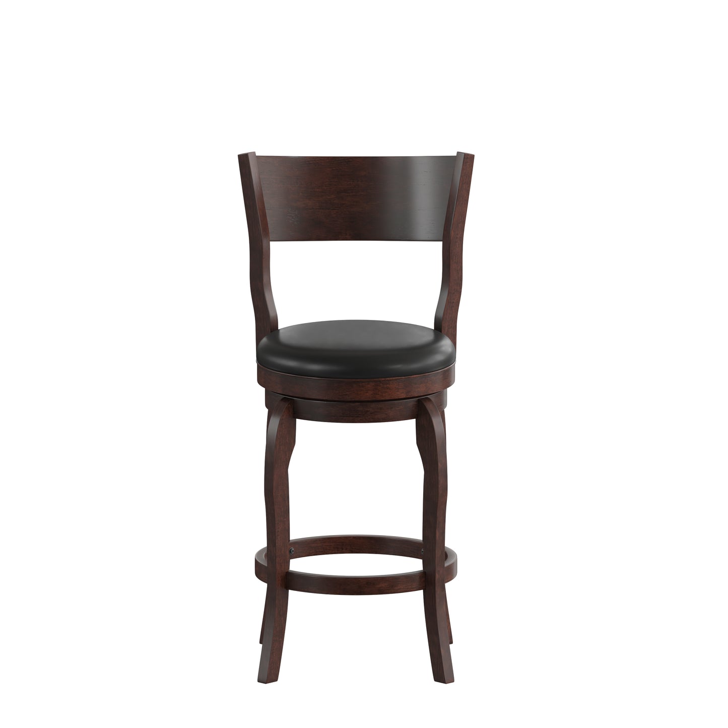 Nichola Commercial Grade Classic Open Back Swivel Counter Height Pub Barstool with Bowed Wooden Frame and Padded LeatherSoft Seat, Espresso/Black Black Vinyl/Espresso Frame ES-NT2-24-ESP-GG