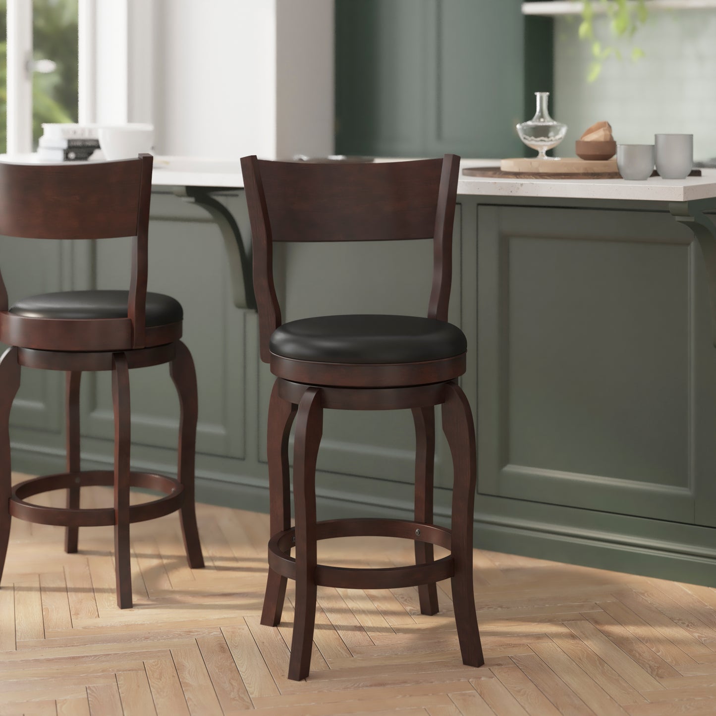 Nichola Commercial Grade Classic Open Back Swivel Counter Height Pub Barstool with Bowed Wooden Frame and Padded LeatherSoft Seat, Espresso/Black Black Vinyl/Espresso Frame ES-NT2-24-ESP-GG
