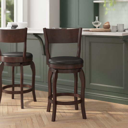 Nichola Commercial Grade Classic Open Back Swivel Counter Height Pub Barstool with Bowed Wooden Frame and Padded LeatherSoft Seat, Espresso/Black Black Vinyl/Espresso Frame