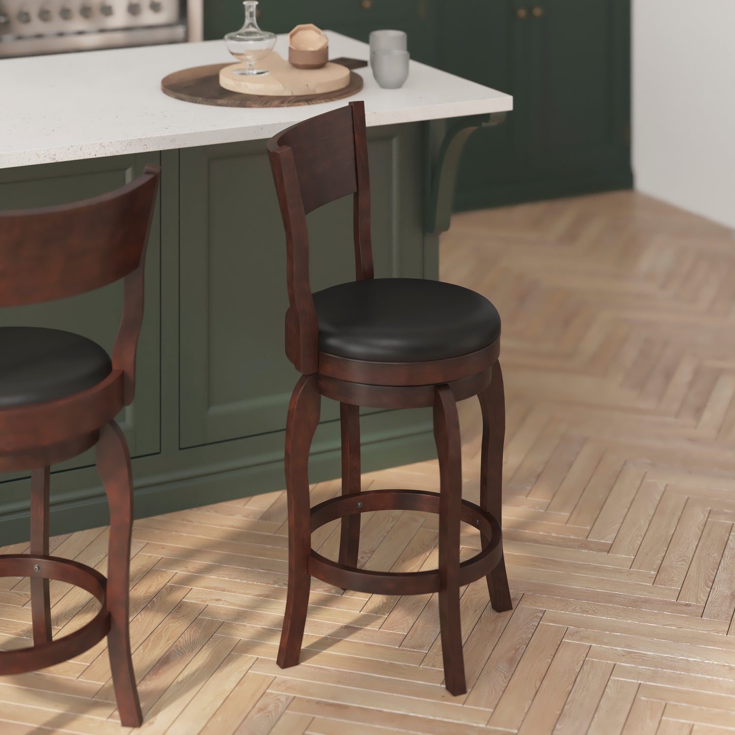 Nichola Commercial Grade Classic Open Back Swivel Counter Height Pub Barstool with Bowed Wooden Frame and Padded LeatherSoft Seat, Espresso/Black Black Vinyl/Espresso Frame ES-NT2-24-ESP-GG