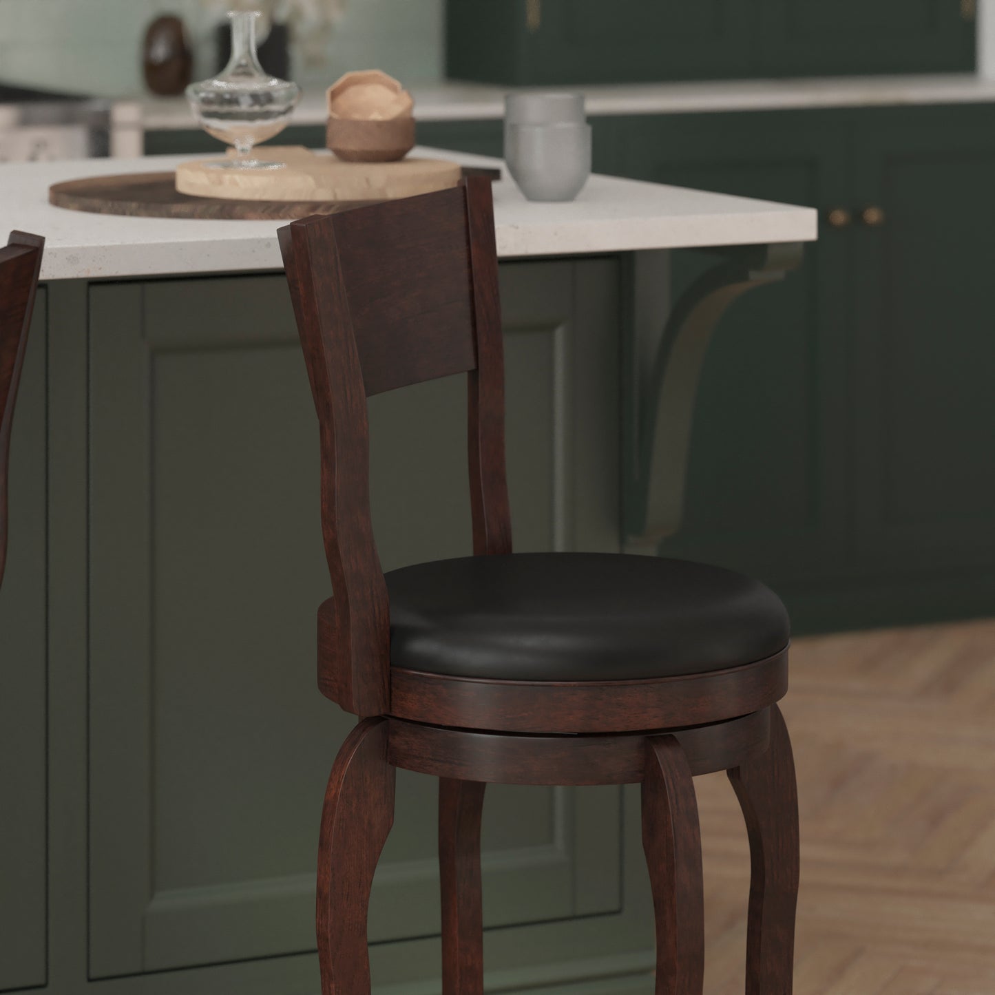 Nichola Commercial Grade Classic Open Back Swivel Counter Height Pub Barstool with Bowed Wooden Frame and Padded LeatherSoft Seat, Espresso/Black Black Vinyl/Espresso Frame ES-NT2-24-ESP-GG