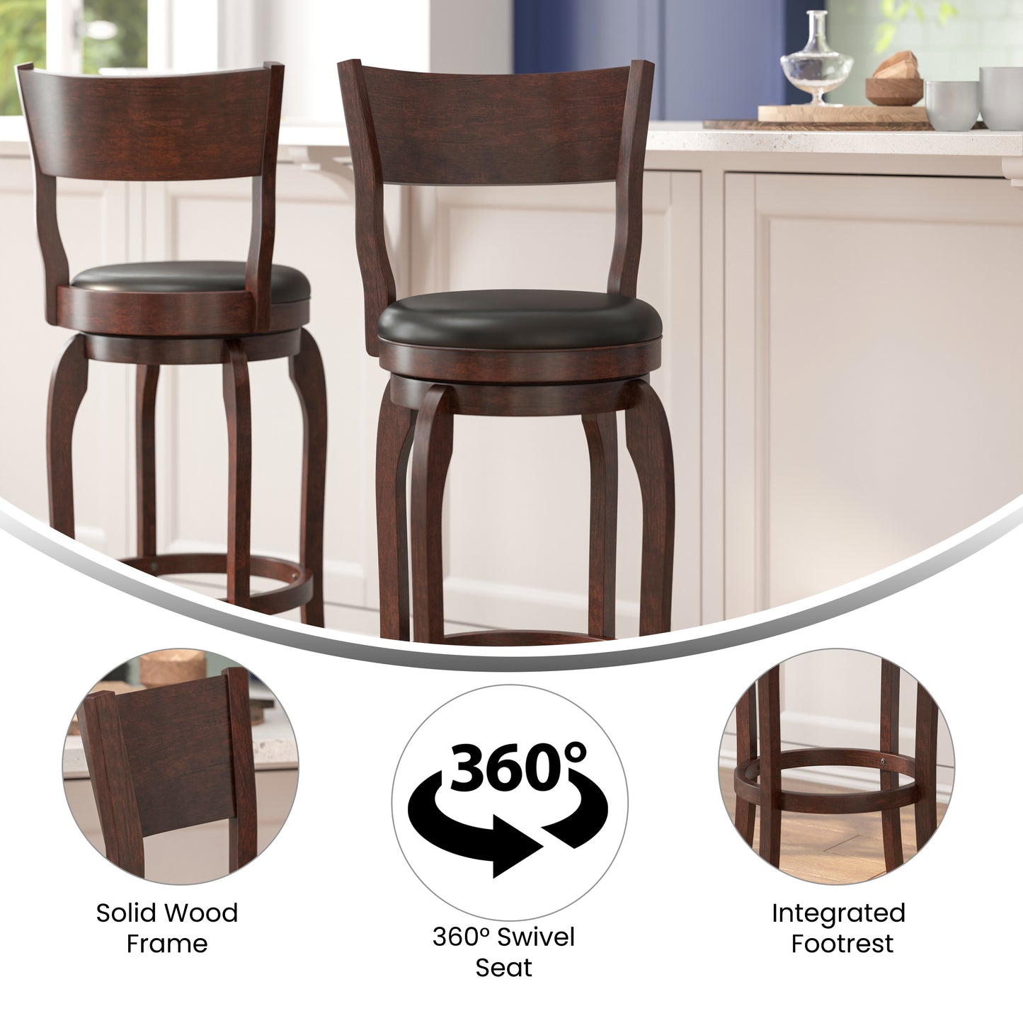 Nichola Commercial Grade Classic Open Back Swivel Bar Height Pub Barstool with Bowed Wooden Frame and Padded LeatherSoft Seat, Espresso/Black Black Vinyl/Espresso Frame ES-NT2-29-ESP-GG