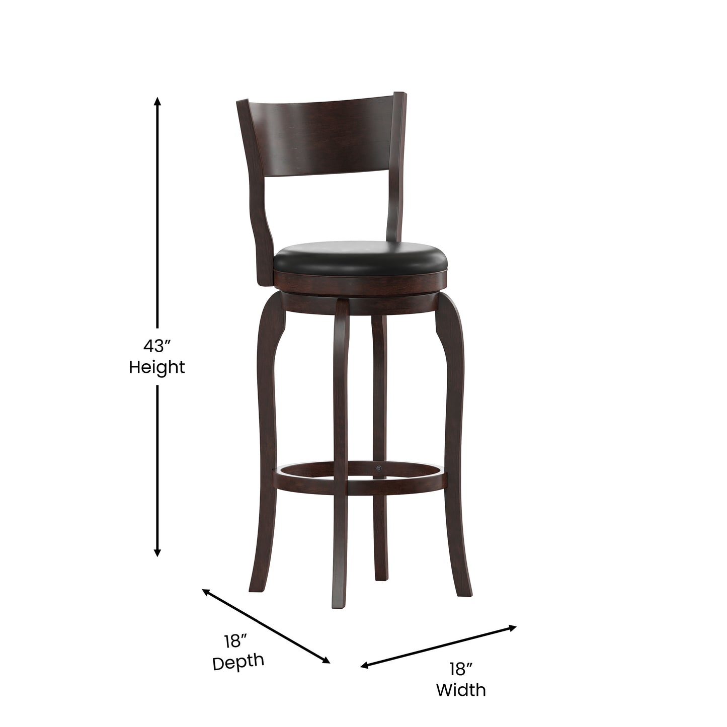 Nichola Commercial Grade Classic Open Back Swivel Bar Height Pub Barstool with Bowed Wooden Frame and Padded LeatherSoft Seat, Espresso/Black Black Vinyl/Espresso Frame ES-NT2-29-ESP-GG