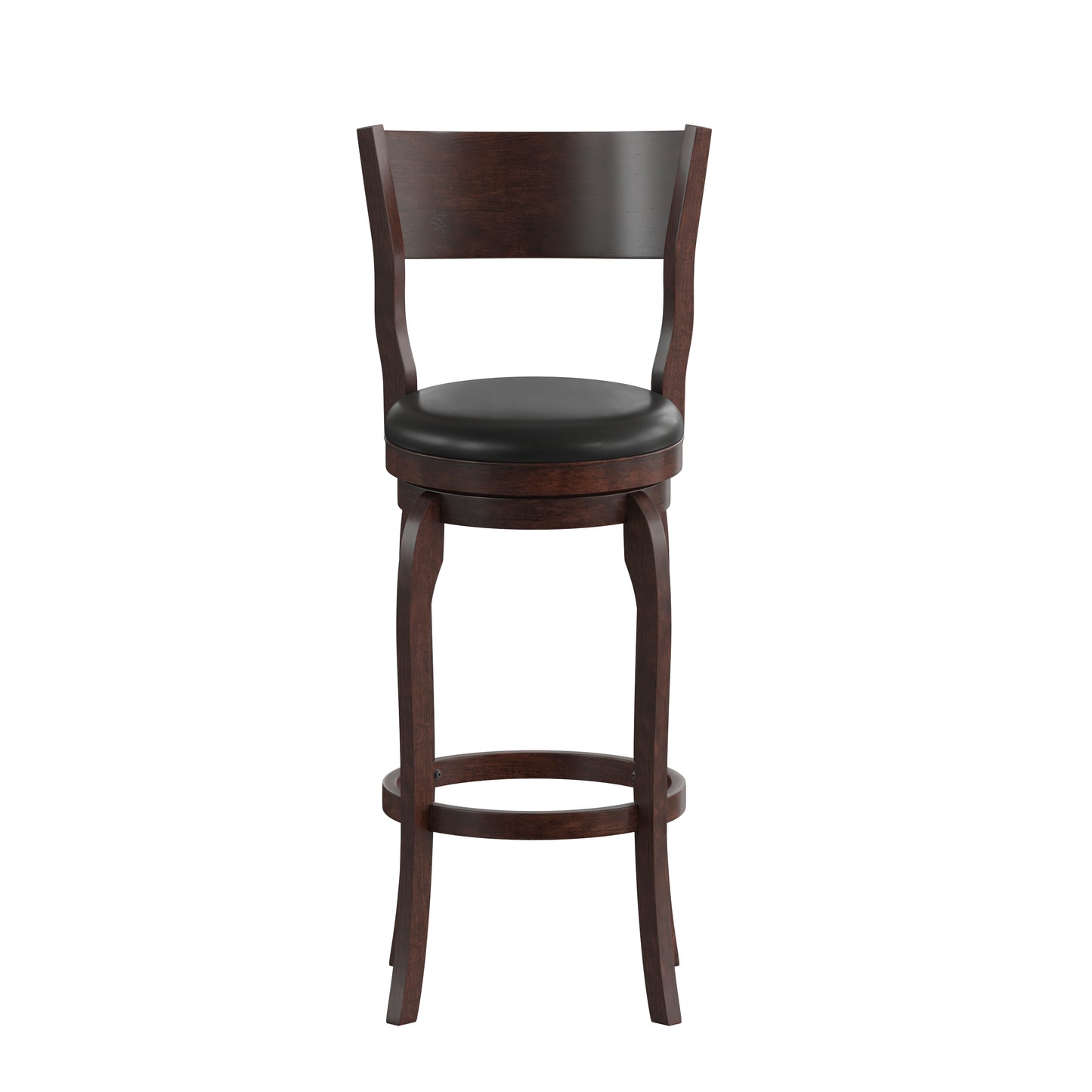 Nichola Commercial Grade Classic Open Back Swivel Bar Height Pub Barstool with Bowed Wooden Frame and Padded LeatherSoft Seat, Espresso/Black Black Vinyl/Espresso Frame ES-NT2-29-ESP-GG