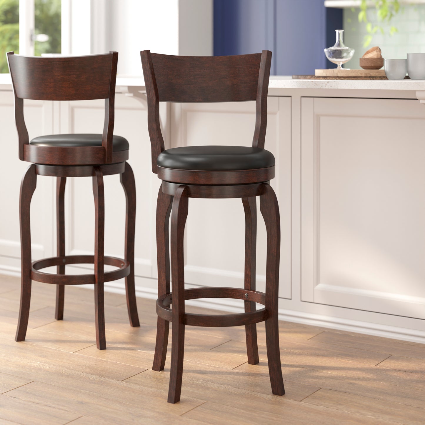 Nichola Commercial Grade Classic Open Back Swivel Bar Height Pub Barstool with Bowed Wooden Frame and Padded LeatherSoft Seat, Espresso/Black Black Vinyl/Espresso Frame ES-NT2-29-ESP-GG