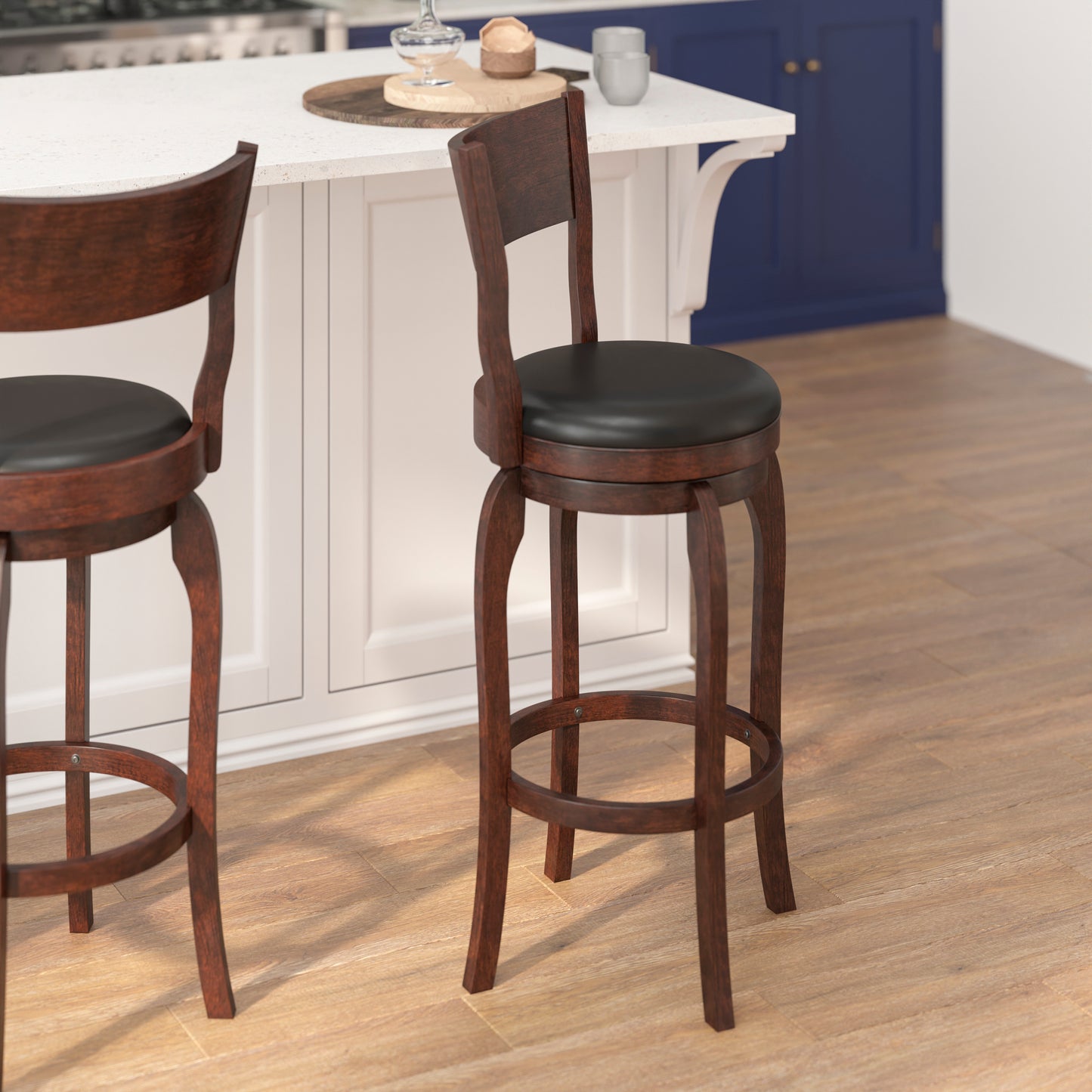 Nichola Commercial Grade Classic Open Back Swivel Bar Height Pub Barstool with Bowed Wooden Frame and Padded LeatherSoft Seat, Espresso/Black Black Vinyl/Espresso Frame ES-NT2-29-ESP-GG