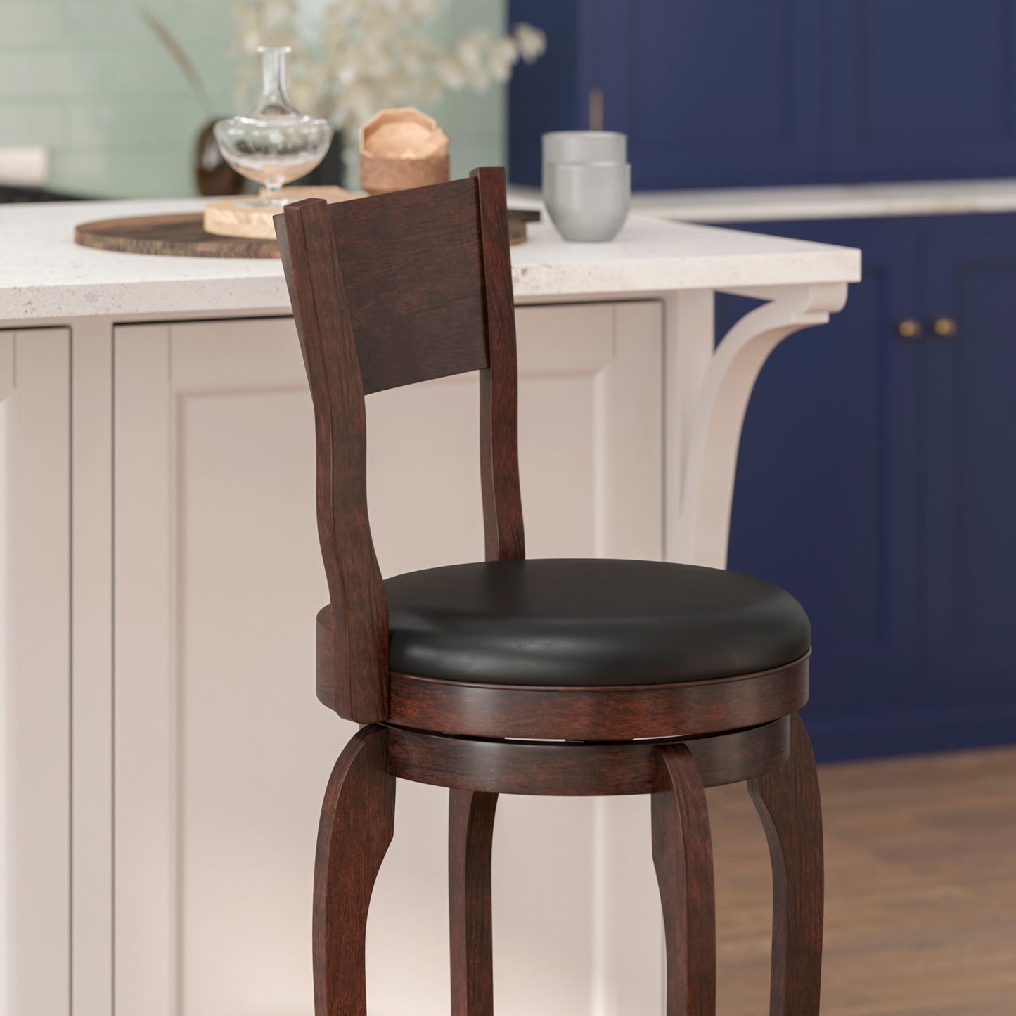 Nichola Commercial Grade Classic Open Back Swivel Bar Height Pub Barstool with Bowed Wooden Frame and Padded LeatherSoft Seat, Espresso/Black Black Vinyl/Espresso Frame ES-NT2-29-ESP-GG