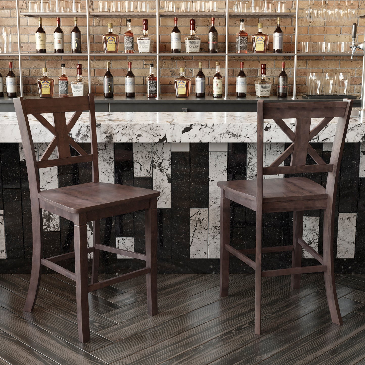 Gwendolyn Set of 2 Commercial Grade Solid Wood Modern Farmhouse Counter Height Barstool in Gray Wash Walnut Gray Wash Walnut