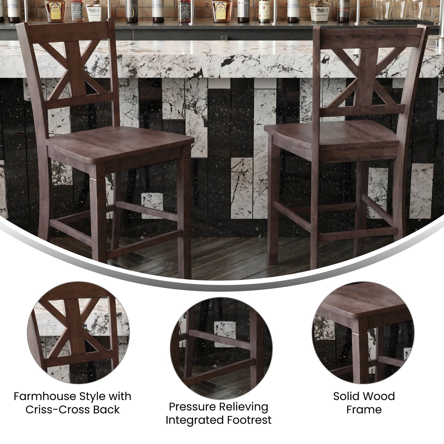 Gwendolyn Set of 2 Commercial Grade Solid Wood Modern Farmhouse Counter Height Barstool in Gray Wash Walnut Gray Wash Walnut