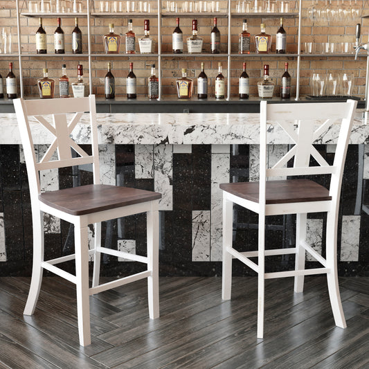 Gwendolyn Set of 2 Commercial Grade Solid Wood Modern Farmhouse Counter Height Barstool in Antique White Wash White Wash